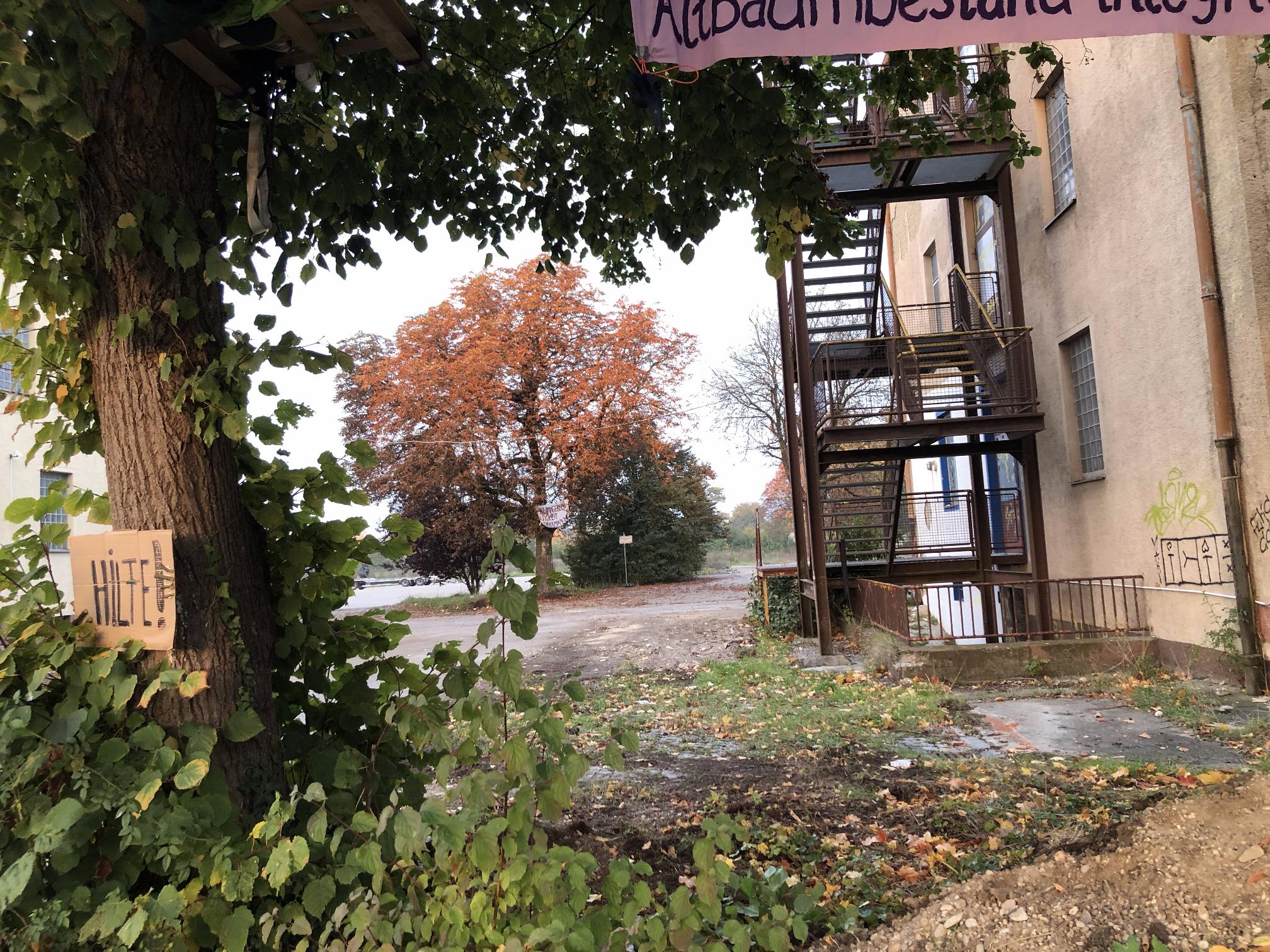 Das Bild wurde bei Tageslicht aufgenommen. Auf der rechten Seite sieht man ein altes Gebäude. Im Hintergrund stehen mehrere Bäume. An einem davon hängt ein Plakat. Dessen Aufschrift ist aufgrund der Distanz nicht zu entziffern.