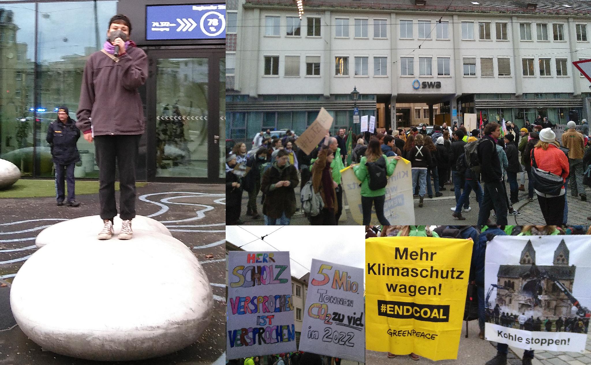Eine Collage von Bildern der Demonstration: Die linke Seite zeigt ein Bild einer Aktivistin, die auf einem großen Stein vor dem Hauptgebäude von LEW in der Schaezlerstraße steht und eine Rede hält. Oben reichts zeigt eine große Menge Demonstrant*innen, die vor dem Hauptgebäude der Stadtwerke Augsburg im Hohen Weg demonstrieren. Unten in der Mitte sind zwei selbstgemalte Pappplakate zu sehen. Auf dem linken Plakat steht „HERR SCHOLZ VERSPROCHEN ist VERSPROCHEN“. Auf dem rechten Plakat steht „5 Millionen Tonnen CO₂ zu viel in 2022“. Das Bild unten rechts zeigt zwei Banner. Auf dem linken Banner steht: „Mehr Klimschutz wagen! #ENDCOAL *GREENPEACE*“. Auf dem rechten Banner ist ein Foto zu sehen, auf dem mehrere Menschen den Abriss eines schönen alten Gebäudes beobachten. Mutmaßlich wird das Gebäude zur Erweiterung eines Tagesbaus abgerissen. Unter dem Foto auf dem Banner steht „Kohle stoppen!“.
