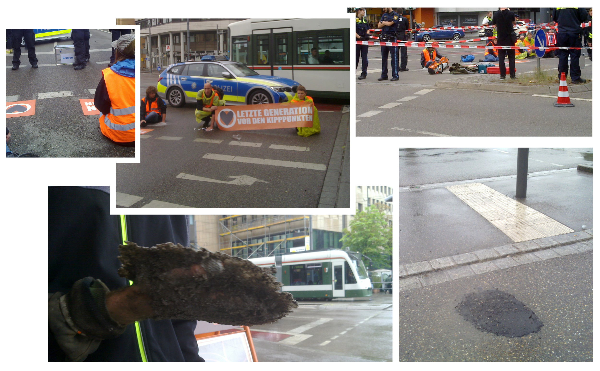 Fünf Fotos die die Aktion der Letzten Generation begleiten vom (1) Glue On Koffer über eine (2) Übersicht mit Polizeiauto auf dem Radweg und drei Aktivist*inenn davor (3) Einer Asphalt-Kreissäge (4) Einer Hand mit Klebe- und mehr als faustgroßen Straßenresten und (5) den neuen Flicken auf der Schätzlerstraße