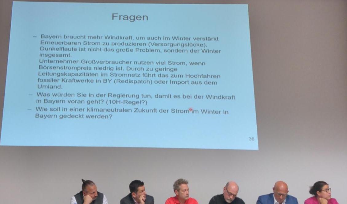 Der Beamer strahlt für das Publikum die Fragen an die Wand. Darunter sitzen von links nach rechts Leo Dietz, Dr. Florian Freund, Alexander Meyer, Christian Pettinger, Anton Rittel und Stephanie Schuhknecht. Die Fragen hier sind „Bayern braucht mehr Windkraft, um auch im Winter verstärkt Erneuerbaren Strom zu produzieren (Versorgungslücke). Dunkelflaute ist nicht das große Problem, sondern der Winter insgesamt. Unternehmer-Großverbraucher nutzen viel Strom, wenn der Börsenstrompreis niedrig ist. Durch zu geringe Leitungskapazitäten im Stromnetz führt das zum Hochfahren fossiler Kraftwerke in BY (Redispatch) oder Import aus dem Umland. Was würden Sie in der Regierung tun, damit es bei der Windkraft in Bayern voran geht? (10H-Regel?) Wie soll in einer klimaneutralen Zukunft der Strom im Winter in Bayern gedeckt werden?“ 