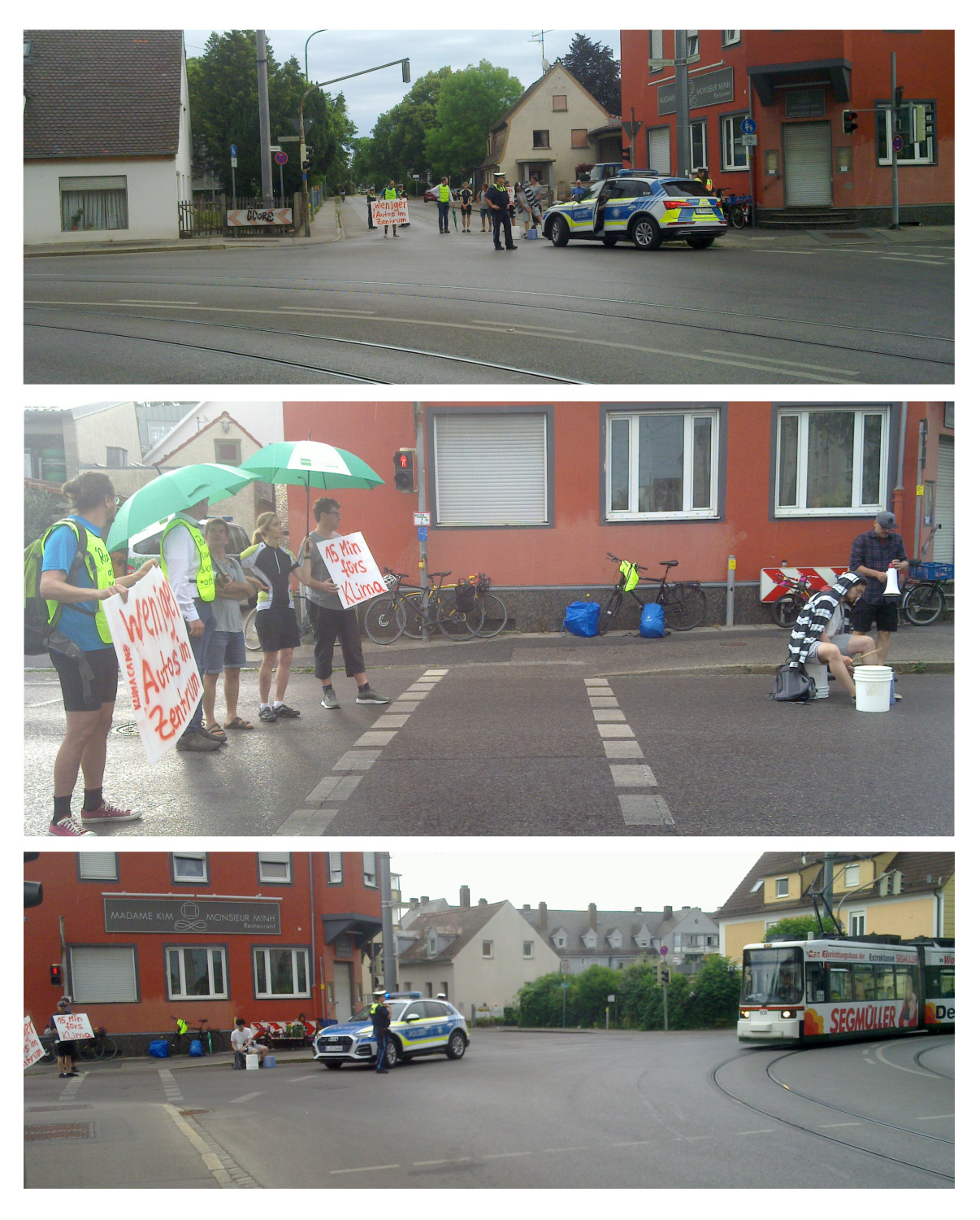 Drei Fotos der 15 Minuten Demo in der Mitte mit Regenschirmen unten mit Straßenbahn.