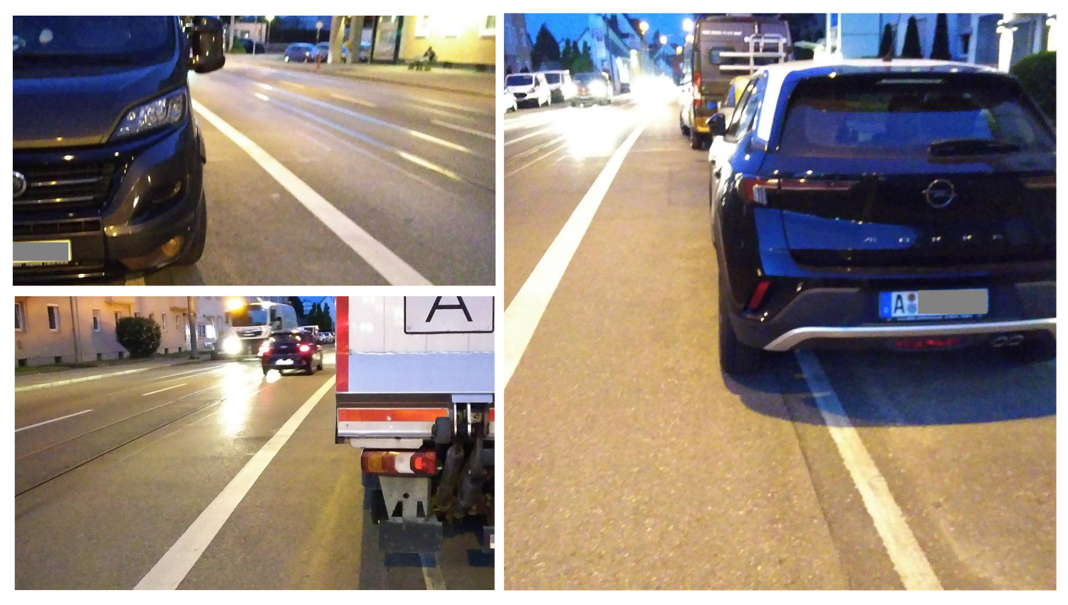 Drei Fotos von Autos, die an der Stadtbergenerstr. beim Parken in den Radweg ragen.