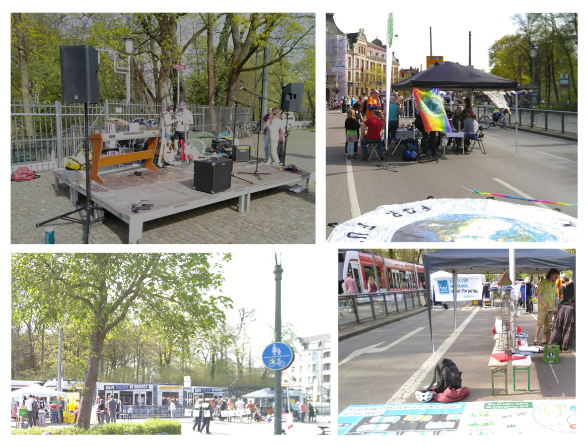 Zwei Fotos von voll beladenen Lastenrädern, Links mit dem bunten Treiben des Straßenfests im Hintergrund
