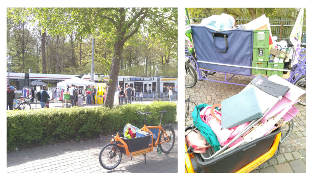 Vier Fotos zum Straßenfest am Roten Tor: von der Bühne, von Menschen vor einem Pavilion auf der Straße, eine Sicht auf das bute Treiben, mit Bäumen und Straßenbahn im Hintergrund und ein Blick in das Pavilion mit Infomaterial, Bodenbanner und Straßenbahn links im Bild