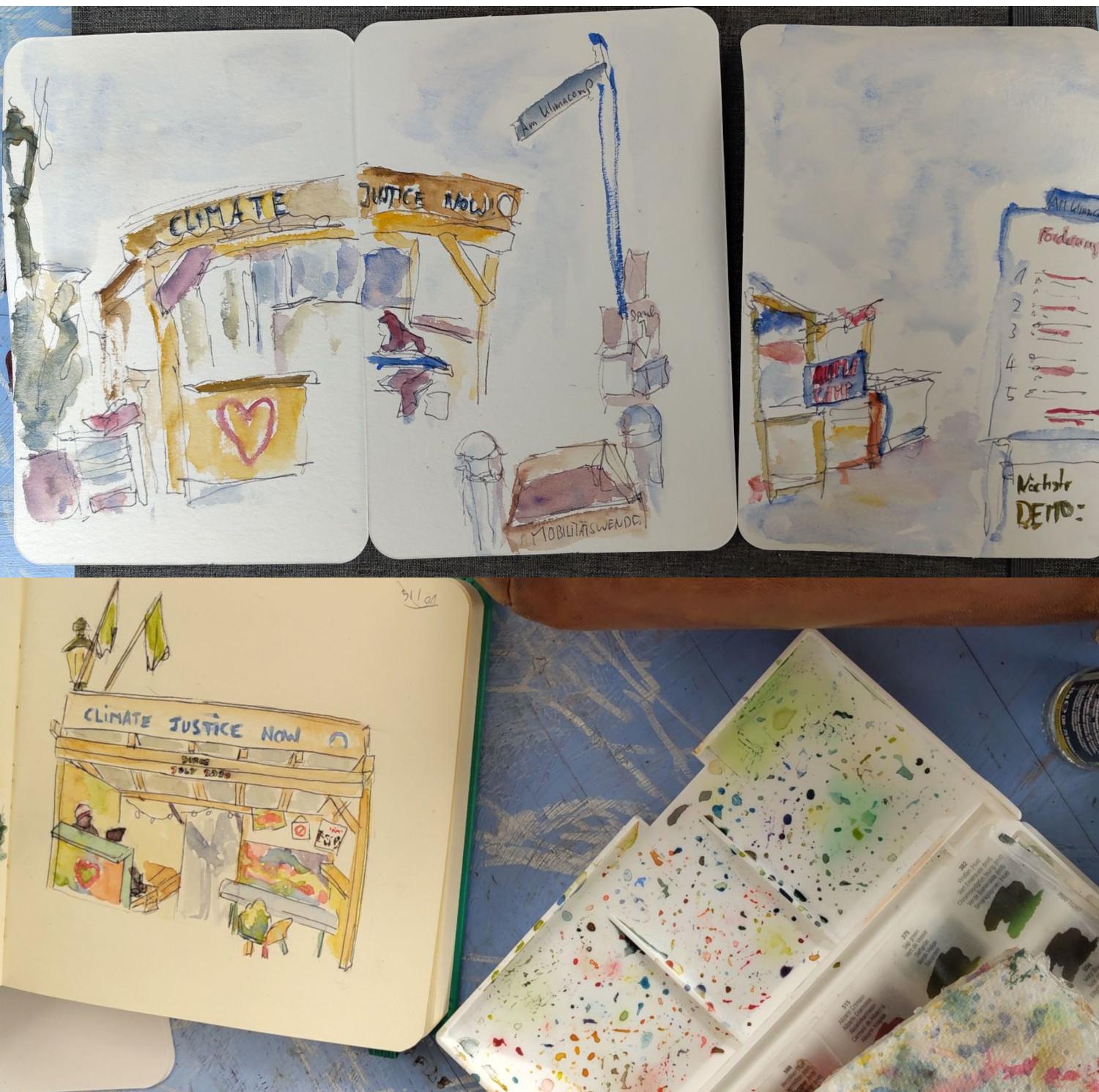 Zwei Wasserfarben Bilder des Klimacamps in unterschiedlichen Stilen