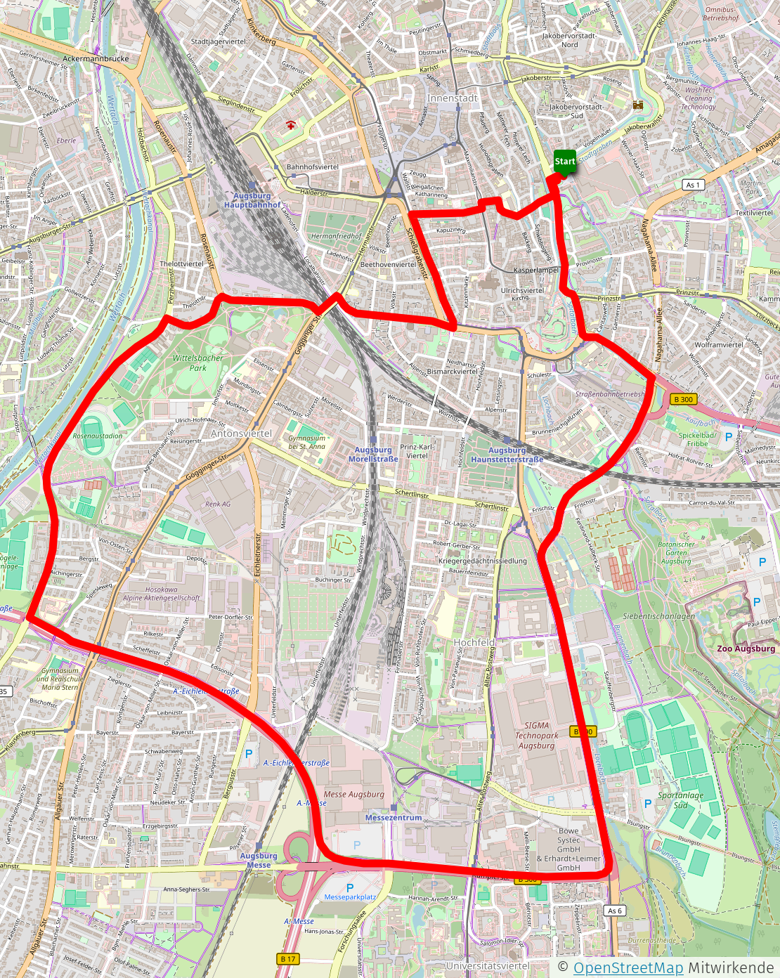Die Route der Demo beginnt am Willy-Brand-Platz und läuft zunächst nach Süden durch Forsterstraße, Friedberger-Straße, Inverness-Allee und Haunstetterstraße. Dann geht es über Rumplerstra0e und Friedrich-Ebert-Straße auf die B17. Nach über 1,5 km auf der B17 verläuft die Route über die Gabelsbergerstraße, Rosenaustraße, Stetterstraße, Hallstraße und Am Schwall zurück zum Willy-Brandt-Platz. 