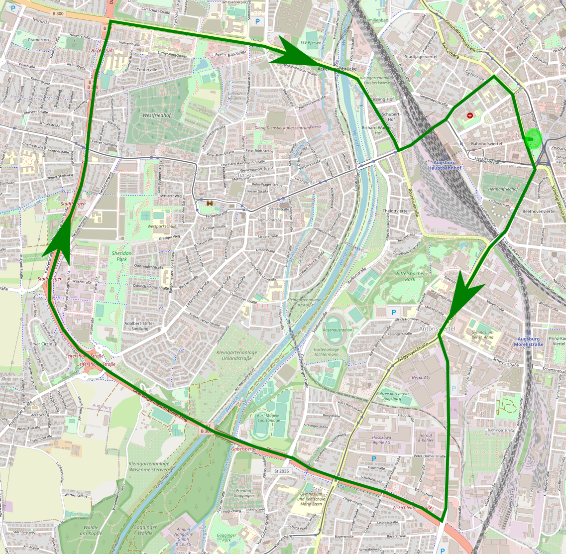 Die Route der Fahrraddemo führte vom Königsplatz über die Gögginger Straße und die Eichleitnerstraße auf die B17. Nachdem die Demo der B17 etwa fünf Kilometer nach Nordwesten folgte, ging es über die Bürgermeister-Ackermann-Straße, die Pferseer Unterführung, Frölichstraße und Schaetzlerstraße zurück zum Königsplatz.