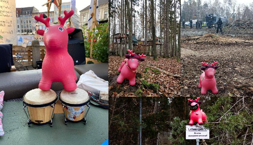 Das linke Bild zeigt Dieter, ein Gummihüpftier, wie er mit einem Grinsen im Gesicht am Klimacamp trommelt. Oben in der Mitte steht Dieter vor einem Baumhaus in einer Waldbesetzung. Oben rechts zeigt Dieter vor einer Absperrung, welche von Polizist*innen in Kampfmontur bewacht werden. Unten zeigt Dieter, wie er vor einem Wald unerschrocken mit Maske auf einem „Lebensgefahr! Betreten strengstens untersagt!“-Schild sitzt.