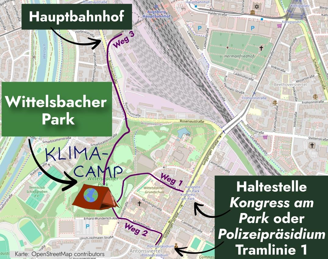 Die Karte zeigt die Routen von den nächsten Tramhaltestellen der Linie 1 und dem Hauptbahnhof zum Standort des Klimacamps im Wittelsbacher Park.