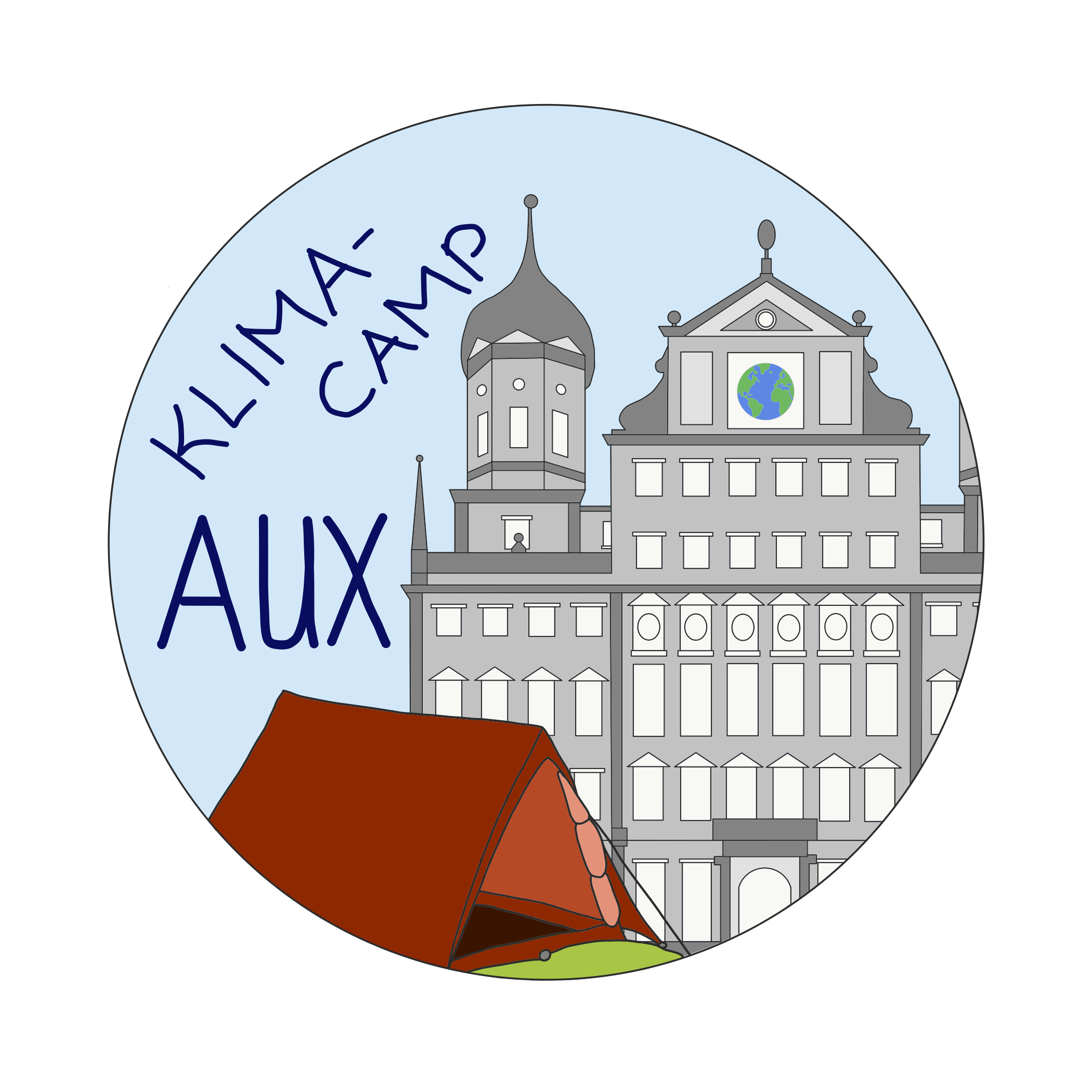 The logo of the Klimacamp Augsburg: A tent in front of the town hall. A window in the town hall shows the earth.